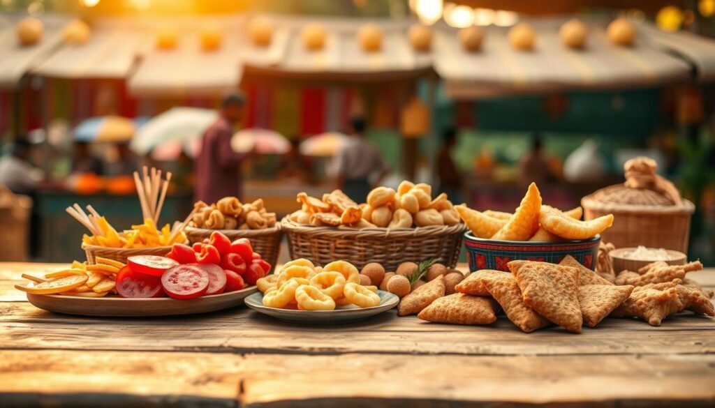 A beautifully arranged display of traditional Indonesian snacks on a rustic wooden table, capturing the rich history and philosophical significance behind them. In the foreground, highlight a variety of snacks like klepon, pempek, and risoles, each artistically presented with vibrant colors and textures. In the middle ground, softly blurred, include elements of Javanese batik patterns and woven rattan, symbolizing cultural heritage. The background features a soft-focus view of a traditional pasar (market) with warm, ambient lighting that reflects the golden hour, enhancing the overall warmth of the scene. Capture a serene mood, inviting viewers to reflect on the deep connection between food, culture, and philosophy in Indonesian traditions. The image should be professional, free of any text or watermarks. A beautifully arranged display of traditional Indonesian snacks on a rustic wooden table, capturing the rich history and philosophical significance behind them. In the foreground, highlight a variety of snacks like klepon, pempek, and risoles, each artistically presented with vibrant colors and textures. In the middle ground, softly blurred, include elements of Javanese batik patterns and woven rattan, symbolizing cultural heritage. The background features a soft-focus view of a traditional pasar (market) with warm, ambient lighting that reflects the golden hour, enhancing the overall warmth of the scene. Capture a serene mood, inviting viewers to reflect on the deep connection between food, culture, and philosophy in Indonesian traditions. The image should be professional, free of any text or watermarks.