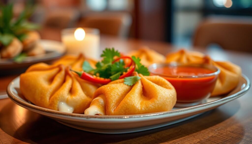 A beautifully arranged plate of crispy fried dimsum filled with melting cheese, showcasing a golden-brown exterior. The dimsum should be shaped like traditional dumplings, presented elegantly with a small bowl of spicy dipping sauce on the side. In the foreground, highlight the glistening surface of the cheese oozing slightly from the dumpling's seams, inviting and appetizing. In the middle, include vibrant garnishes such as fresh green cilantro and red chili slices that add a pop of color. The background should feature a softly blurred, cozy dining setting with warm lighting, accentuating a homely atmosphere. Use a shallow depth of field to focus on the dimsum, creating a mouthwatering and tantalizing visual appeal. The overall mood is inviting and delightful, perfect for food lovers. A beautifully arranged plate of crispy fried dimsum filled with melting cheese, showcasing a golden-brown exterior. The dimsum should be shaped like traditional dumplings, presented elegantly with a small bowl of spicy dipping sauce on the side. In the foreground, highlight the glistening surface of the cheese oozing slightly from the dumpling's seams, inviting and appetizing. In the middle, include vibrant garnishes such as fresh green cilantro and red chili slices that add a pop of color. The background should feature a softly blurred, cozy dining setting with warm lighting, accentuating a homely atmosphere. Use a shallow depth of field to focus on the dimsum, creating a mouthwatering and tantalizing visual appeal. The overall mood is inviting and delightful, perfect for food lovers.