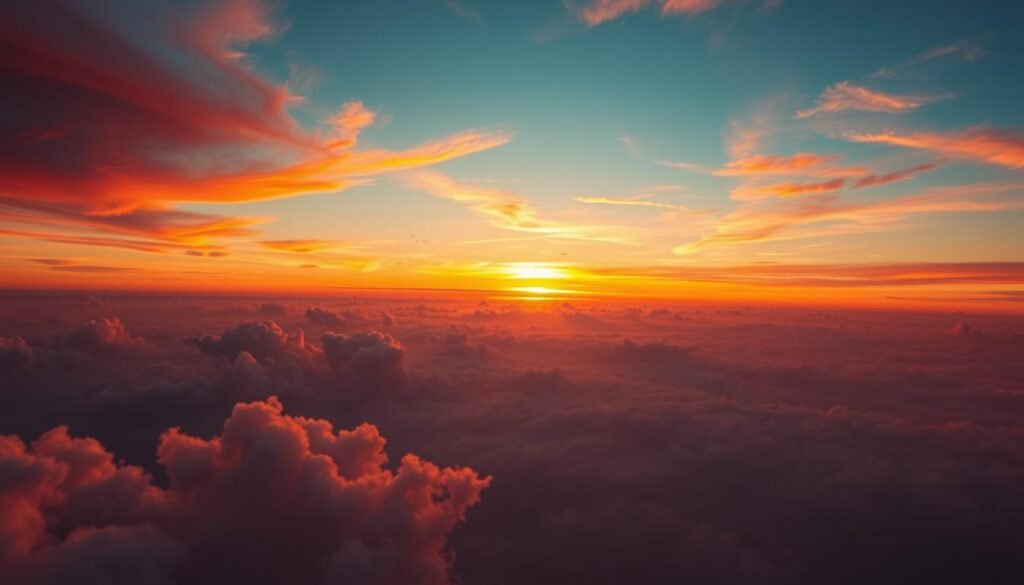 A breathtaking depiction of Rayleigh scattering in the atmosphere, showcasing the vibrant hues of a sunset blending orange, red, and indigo against a vast sky. In the foreground, delicate wispy clouds catch the warm light, illuminated by the setting sun. The middle layer features a clear view of the horizon, where the sun dips below, casting a gradient of colors while a few birds soar gracefully. In the background, faint silhouettes of distant hills evoke a sense of depth. The lighting is soft yet vivid, enhancing the ethereal quality of the scene. Capture this dynamic interplay of light and atmosphere, reflecting the science behind optical phenomena, with a tranquil and awe-inspiring mood, using a wide-angle lens for a panoramic effect. A breathtaking depiction of Rayleigh scattering in the atmosphere, showcasing the vibrant hues of a sunset blending orange, red, and indigo against a vast sky. In the foreground, delicate wispy clouds catch the warm light, illuminated by the setting sun. The middle layer features a clear view of the horizon, where the sun dips below, casting a gradient of colors while a few birds soar gracefully. In the background, faint silhouettes of distant hills evoke a sense of depth. The lighting is soft yet vivid, enhancing the ethereal quality of the scene. Capture this dynamic interplay of light and atmosphere, reflecting the science behind optical phenomena, with a tranquil and awe-inspiring mood, using a wide-angle lens for a panoramic effect.