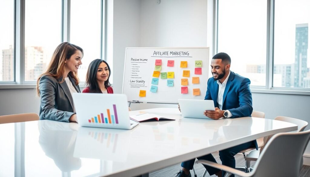 A bright and modern office environment showcases the benefits of affiliate marketing. In the foreground, a diverse group of three professionals, one man and two women, are gathered around a sleek conference table, analyzing graphs and statistics on a laptop screen. They are dressed in smart business attire, exuding a collaborative spirit. In the middle, a large whiteboard displays colorful charts and post-it notes that highlight key advantages like "Passive Income," "Flexibility," and "Low Startup Costs." The background features large windows letting in natural light, creating an inviting atmosphere. The overall mood is optimistic and dynamic, emphasizing teamwork and success in the affiliate marketing industry. Capture this scene with soft, warm lighting and a slightly elevated angle to provide depth and focus on the discussion.
