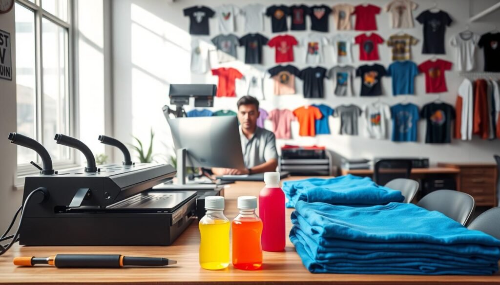 A bright and modern workspace dedicated to a t-shirt printing business in Indonesia. In the foreground, a well-organized table showcases essential tools like screens, squeegees, and vibrant bottles of ink, along with neatly folded blank shirts ready for printing. In the middle ground, a focused entrepreneur, dressed in casual yet professional clothing, prepares the designs on a computer screen, exuding determination. The background features a wall adorned with various printed t-shirt samples, creating an inspiring atmosphere. Soft natural light streams in through a large window, casting gentle shadows and enhancing the vibrant colors of the inks. The overall mood is one of creativity and ambition, perfectly encapsulating the spirit of starting a local t-shirt printing business. A bright and modern workspace dedicated to a t-shirt printing business in Indonesia. In the foreground, a well-organized table showcases essential tools like screens, squeegees, and vibrant bottles of ink, along with neatly folded blank shirts ready for printing. In the middle ground, a focused entrepreneur, dressed in casual yet professional clothing, prepares the designs on a computer screen, exuding determination. The background features a wall adorned with various printed t-shirt samples, creating an inspiring atmosphere. Soft natural light streams in through a large window, casting gentle shadows and enhancing the vibrant colors of the inks. The overall mood is one of creativity and ambition, perfectly encapsulating the spirit of starting a local t-shirt printing business.