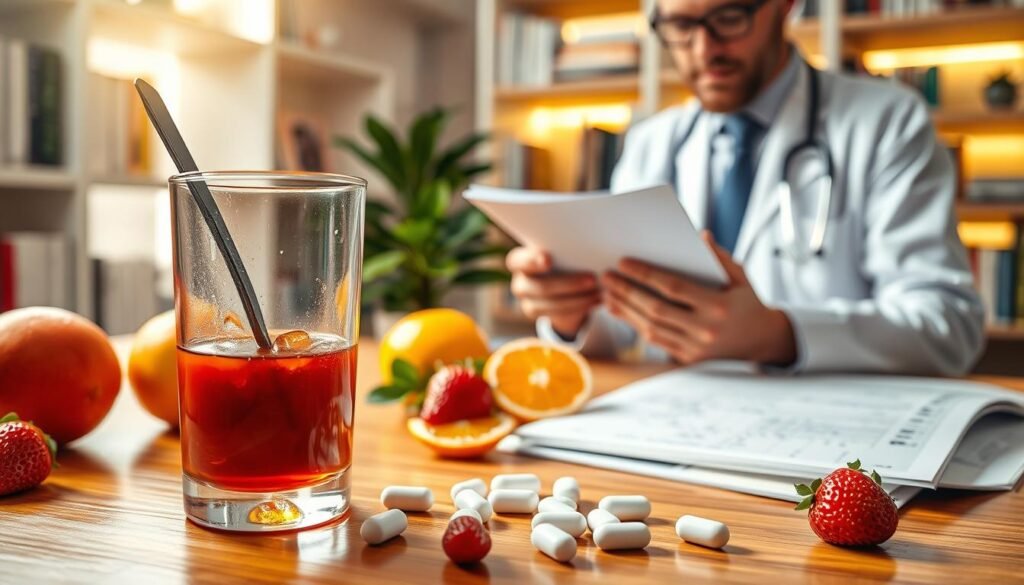 A detailed composition illustrating effective iron supplementation treatment for anemia. In the foreground, a glass of iron-rich liquid with a spoon and iron supplement tablets on a wooden table, surrounded by fresh fruits high in vitamin C like oranges and strawberries to symbolize nutrient synergy. The middle ground features a doctor in professional attire, examining a health report while explaining the importance of iron supplementation. In the background, softly lit shelves filled with health-related books and a serene plant, enhancing a sense of wellness. The lighting is warm and inviting, creating a hopeful atmosphere for viewers. The angle should be slightly overhead, capturing the interplay of elements that emphasize effective treatment for anemia while maintaining a professional and educational mood. A detailed composition illustrating effective iron supplementation treatment for anemia. In the foreground, a glass of iron-rich liquid with a spoon and iron supplement tablets on a wooden table, surrounded by fresh fruits high in vitamin C like oranges and strawberries to symbolize nutrient synergy. The middle ground features a doctor in professional attire, examining a health report while explaining the importance of iron supplementation. In the background, softly lit shelves filled with health-related books and a serene plant, enhancing a sense of wellness. The lighting is warm and inviting, creating a hopeful atmosphere for viewers. The angle should be slightly overhead, capturing the interplay of elements that emphasize effective treatment for anemia while maintaining a professional and educational mood.