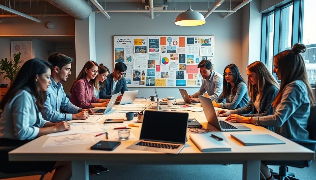 A dynamic workspace showcasing creative services based on skill. In the foreground, a diverse group of young professionals collaborates over a large table filled with design sketches and laptops, all dressed in smart casual attire. The middle features an inspirational mood board, showcasing colorful ideas and projects that embody creative entrepreneurship. The background displays a bright, modern office with large windows allowing natural light to flood in, creating an inviting atmosphere. The lighting is warm and inviting, emphasizing creativity and collaboration. The scene captures a sense of energy and possibility, embodying the spirit of youthful entrepreneurship and innovation. The angle is slightly elevated, providing a clear overview of the entire workspace setup. A dynamic workspace showcasing creative services based on skill. In the foreground, a diverse group of young professionals collaborates over a large table filled with design sketches and laptops, all dressed in smart casual attire. The middle features an inspirational mood board, showcasing colorful ideas and projects that embody creative entrepreneurship. The background displays a bright, modern office with large windows allowing natural light to flood in, creating an inviting atmosphere. The lighting is warm and inviting, emphasizing creativity and collaboration. The scene captures a sense of energy and possibility, embodying the spirit of youthful entrepreneurship and innovation. The angle is slightly elevated, providing a clear overview of the entire workspace setup.
