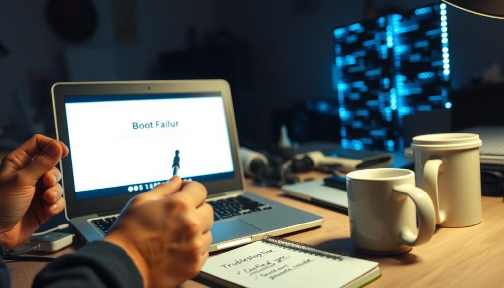 A focused scene depicting a laptop displaying a "boot failure" error message on its screen, surrounded by a cluttered workspace. In the foreground, a pair of hands is shown troubleshooting the laptop, holding a screwdriver and looking intently at the screen. In the middle ground, a notepad with troubleshooting notes is visible, alongside a coffee mug. The background features a dimly lit room with subtle blue LED lights, suggesting a technical atmosphere. The lighting is soft but highlights the laptop and the hands, creating an engaging atmosphere of problem-solving. A neutral color palette with hints of blue and gray conveys a sense of urgency and professionalism, ideal for a technical tutorial.