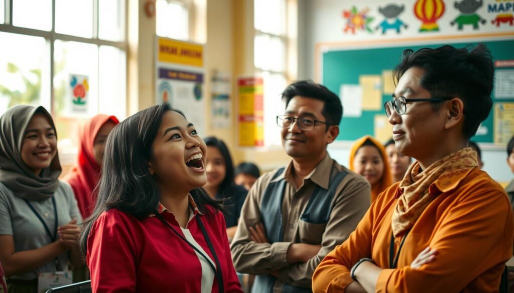 A group of diverse teachers in a vibrant Indonesian school setting, each dressed in professional attire. In the foreground, a female teacher is passionately engaging with students, showcasing a mix of excitement and concern, while in the middle ground, a male teacher observes quietly, reflecting contemplation. The background features a colorful classroom with educational posters, traditional Indonesian motifs, and students actively participating in learning, embodying the theme of education. The scene is bathed in warm, natural light from large windows, creating an inviting atmosphere. Use a wide-angle lens to capture the dynamic interaction, emphasizing the collective atmosphere of the classroom and the diverse perspectives represented. Aim for a balance between seriousness and optimism, highlighting the phenomenon of viral teacher behavior across Indonesia.