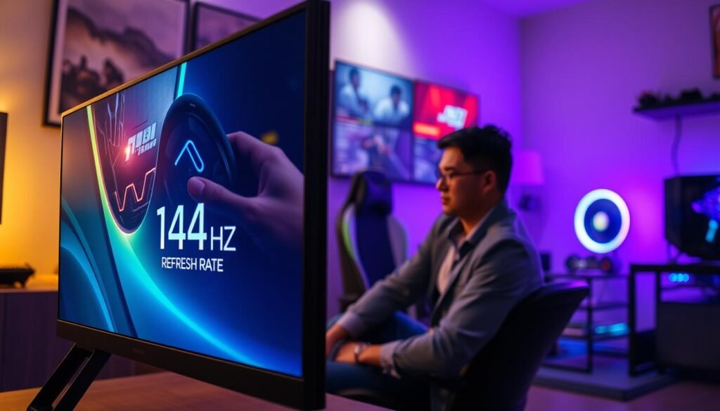 A highly detailed gaming setup featuring a sleek, modern monitor displaying a 144Hz refresh rate setting in the foreground. The monitor's screen glows vividly, showcasing an action-packed game scene with smooth graphics, highlighting the benefits of high refresh rates. The middle layer includes a gamer sitting in a comfortable gaming chair, dressed in professional casual attire, focused on the monitor. Soft, ambient lighting illuminates the room, creating an inviting atmosphere. In the background, there are subtle details that suggest a tech-savvy environment, such as RGB lighting and gaming peripherals. The angle is slightly elevated, capturing both the monitor and the gamer's intense expression, emphasizing the importance of optimal game performance.