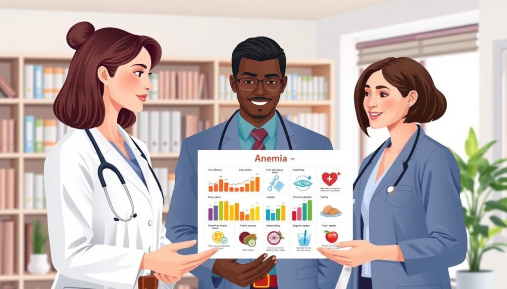 A medical-themed illustration showing the causes and risk factors of anemia. In the foreground, a diverse group of three people in professional attire (a Caucasian woman, a Black man, and an Asian woman) are discussing a chart detailing anemia statistics. The middle layer features the chart itself, with colorful graphs and icons representing iron deficiency, chronic disease, genetic factors, and dietary influences. The background includes a well-lit, modern medical office space with shelves of medical books and a plant for a touch of warmth. Soft, natural lighting filters through a window, creating an inviting atmosphere. The composition conveys a sense of research and understanding, emphasizing the importance of recognizing anemia's causes and risk factors. A medical-themed illustration showing the causes and risk factors of anemia. In the foreground, a diverse group of three people in professional attire (a Caucasian woman, a Black man, and an Asian woman) are discussing a chart detailing anemia statistics. The middle layer features the chart itself, with colorful graphs and icons representing iron deficiency, chronic disease, genetic factors, and dietary influences. The background includes a well-lit, modern medical office space with shelves of medical books and a plant for a touch of warmth. Soft, natural lighting filters through a window, creating an inviting atmosphere. The composition conveys a sense of research and understanding, emphasizing the importance of recognizing anemia's causes and risk factors.