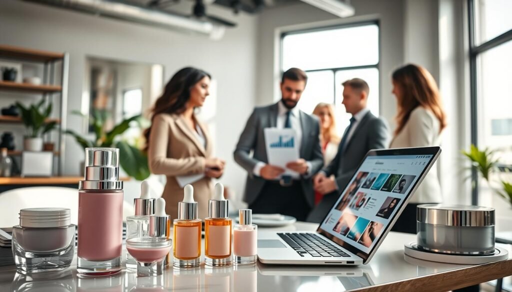 A modern digital marketing scene focused on skincare products. In the foreground, a well-organized workspace featuring aesthetically pleasing skincare products, such as serums and creams, displayed in elegant glass containers. A laptop is open, showcasing a colorful social media platform filled with skincare posts. In the middle ground, a diverse group of men and women in professional business attire are collaborating, analyzing digital marketing strategies, with charts and graphs visible on the screen. The background shows a bright, contemporary office environment with a large window allowing soft, natural light to fill the room, enhancing the vibrant atmosphere. The overall mood is energetic and focused, highlighting effective digital marketing techniques that drive skincare product sales.