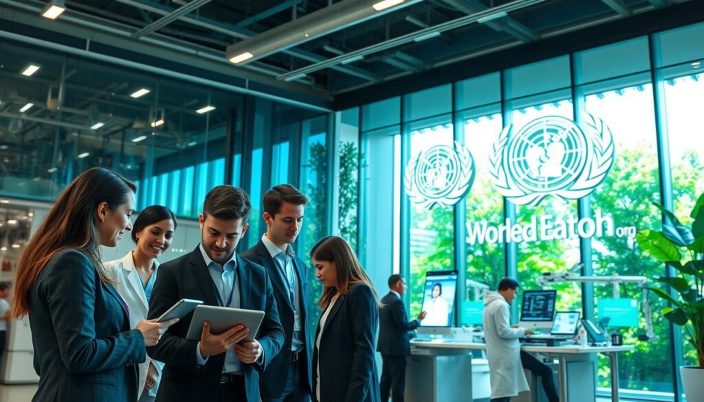A modern scientific research and innovation center, representing the World Health Organization. In the foreground, a diverse group of professionals in business attire are engaged in collaboration, discussing data on tablets and laptops. The middle ground features sleek laboratory equipment and interactive screens displaying health data and graphics. The background showcases a glass façade of the building with green, sustainable architecture, surrounded by lush greenery, symbolizing a commitment to health and life. Bright, natural lighting floods the scene, creating an inviting atmosphere that emphasizes innovation and teamwork. The camera angle is slightly elevated, capturing the dynamic interaction among the researchers and the advanced technology, evoking a sense of purpose and hope in global health science. A modern scientific research and innovation center, representing the World Health Organization. In the foreground, a diverse group of professionals in business attire are engaged in collaboration, discussing data on tablets and laptops. The middle ground features sleek laboratory equipment and interactive screens displaying health data and graphics. The background showcases a glass façade of the building with green, sustainable architecture, surrounded by lush greenery, symbolizing a commitment to health and life. Bright, natural lighting floods the scene, creating an inviting atmosphere that emphasizes innovation and teamwork. The camera angle is slightly elevated, capturing the dynamic interaction among the researchers and the advanced technology, evoking a sense of purpose and hope in global health science.