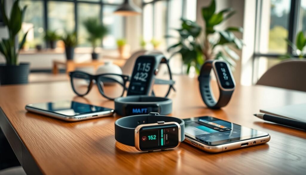 A modern workspace featuring the best wearable health trackers of 2024. In the foreground, a stylish smartwatch and a sleek fitness band rest on a polished wooden desk alongside a smartphone displaying a health app. The middle ground showcases an attractive selection of wearable devices, including smart glasses and an advanced heart rate monitor, with intricate details like buttons and screens visible. The background is softly blurred, hinting at a bright, contemporary office setting with indoor plants and natural light streaming through large windows, creating an inviting atmosphere. Use warm, balanced lighting to highlight the devices while maintaining a professional ambiance. The overall mood is one of health, technology, and everyday fitness improvements, designed to inspire readers toward a healthier lifestyle.