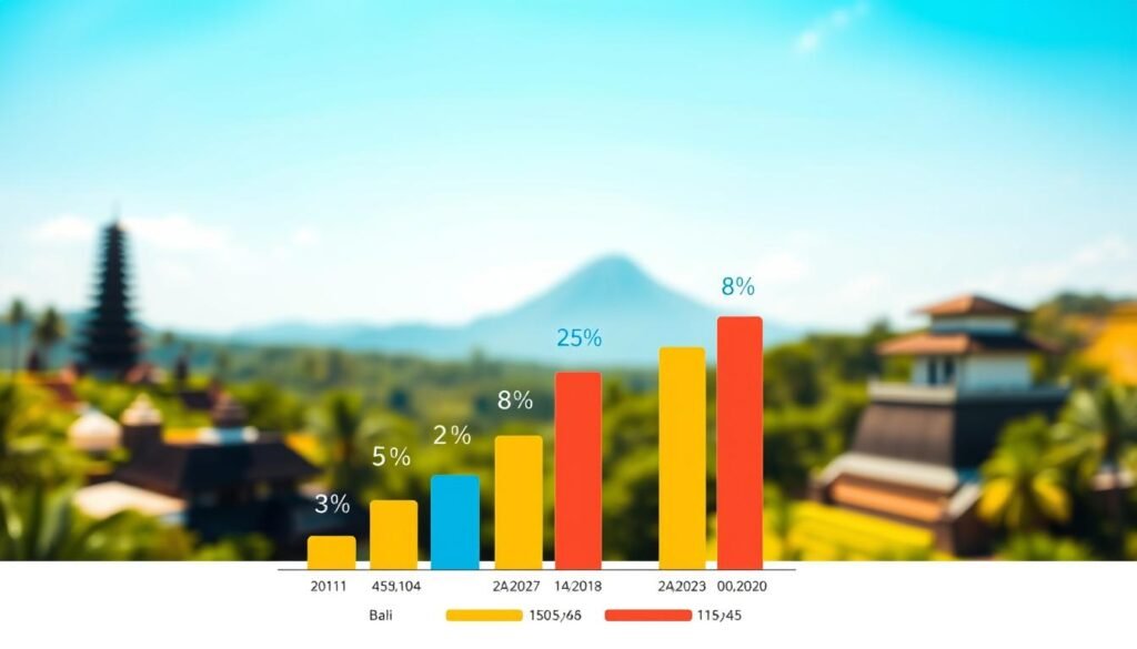 A professional infographic depicting a data comparison for tourist arrival rates in Bali during the Nataru season, highlighting an 8% increase from the previous year. In the foreground, a bar graph illustrates the percentage increase with clear, vibrant colors representing this year's data against last year's. The middle ground features stylized icons of popular Bali landmarks, such as temples and beaches, subtly integrated into the background. The background shows a soft-focus image of Bali’s lush landscape under clear blue skies, creating a bright, optimistic atmosphere. The lighting is bright and warm, suggesting a sunny day, while the overall composition is balanced, emphasizing clarity and professionalism. The image should be free from any text, captions, or logos. A professional infographic depicting a data comparison for tourist arrival rates in Bali during the Nataru season, highlighting an 8% increase from the previous year. In the foreground, a bar graph illustrates the percentage increase with clear, vibrant colors representing this year's data against last year's. The middle ground features stylized icons of popular Bali landmarks, such as temples and beaches, subtly integrated into the background. The background shows a soft-focus image of Bali’s lush landscape under clear blue skies, creating a bright, optimistic atmosphere. The lighting is bright and warm, suggesting a sunny day, while the overall composition is balanced, emphasizing clarity and professionalism. The image should be free from any text, captions, or logos.