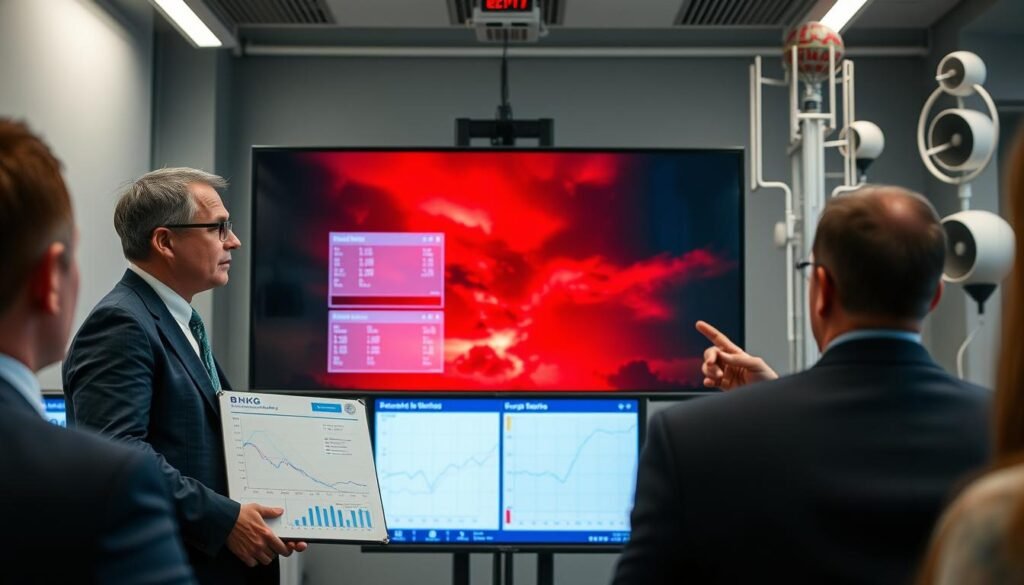 A professional presentation by the BMKG officials, discussing the recent phenomenon of the red sky. In the foreground, two scientists in business attire are engaged in a thorough explanation, with detailed graphs and data charts displayed on a digital screen next to them. In the middle ground, a visually striking image of a vibrant red sky, emphasizing the atmospheric conditions causing the phenomenon. The background includes a soft-focus of meteorological equipment, such as weather balloons and radar displays, contributing to a scientific atmosphere. The lighting is bright and slightly dramatic, conveying urgency and importance, while the overall mood is authoritative and informative. The angle captures the interaction between the scientists and the audience, inviting viewers into this enlightening situation. A professional presentation by the BMKG officials, discussing the recent phenomenon of the red sky. In the foreground, two scientists in business attire are engaged in a thorough explanation, with detailed graphs and data charts displayed on a digital screen next to them. In the middle ground, a visually striking image of a vibrant red sky, emphasizing the atmospheric conditions causing the phenomenon. The background includes a soft-focus of meteorological equipment, such as weather balloons and radar displays, contributing to a scientific atmosphere. The lighting is bright and slightly dramatic, conveying urgency and importance, while the overall mood is authoritative and informative. The angle captures the interaction between the scientists and the audience, inviting viewers into this enlightening situation.