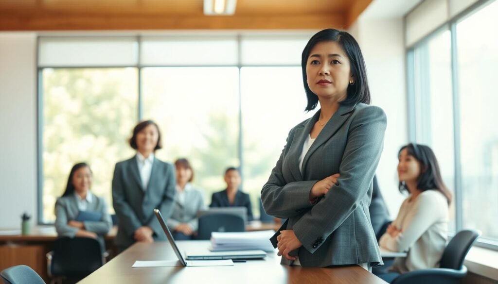 A professional school principal standing at a desk in a modern office, addressing a small group of attentive teachers and staff members. The principal, a middle-aged Asian woman in a smart blazer, has a serious yet calm expression. In the background, a large window showcases a bright day outside, with greenery visible. Soft, natural lighting illuminates the room, enhancing the warm atmosphere. The desk is neatly arranged with school documents and a laptop, emphasizing the theme of official response. The focus is on the principal's confident demeanor and the engaged expressions of her colleagues, reflecting a professional environment dedicated to addressing important issues. The camera angle is eye-level, capturing the earnest interaction without any text or distractions.