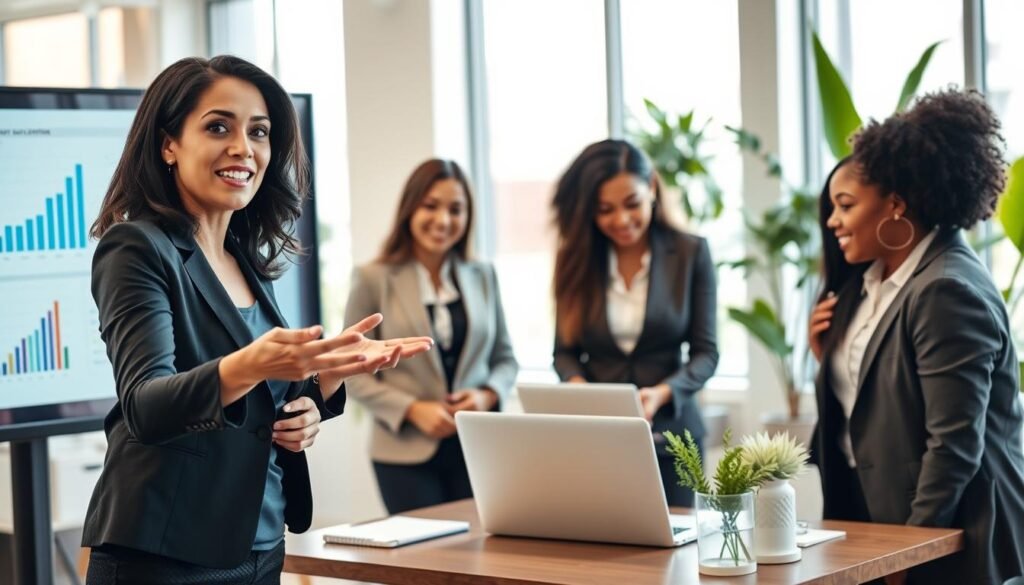 A professional setting depicting a diverse team engaged in strategic planning for an affiliate marketing program. In the foreground, a confident woman in business attire is presenting to her colleagues, utilizing charts and graphs on a digital screen. In the middle ground, a group of three professionals, also dressed in smart business outfits, focuses on a laptop while discussing metrics and trends with enthusiasm. In the background, an office environment with modern decor, plants, and large windows offering bright, natural light that creates an optimistic and productive atmosphere. The overall mood is collaborative and inspiring, reflecting the essential elements of selecting a profitable affiliate program.