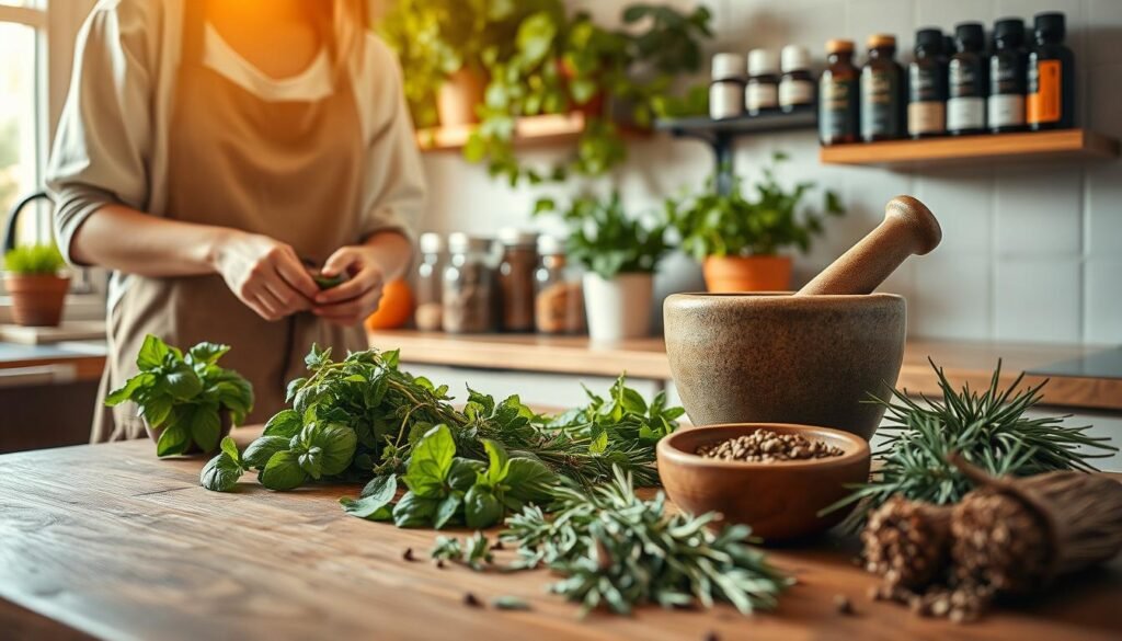 A serene kitchen setting showcasing the process of herbal preparation. In the foreground, a wooden table displays a variety of fresh herbs like basil, mint, and rosemary, alongside traditional tools such as a mortar and pestle. A person in modest casual clothing is skillfully grinding herbs, their focus evident and hands steady. In the middle, a sunlit window casts warm, natural light, illuminating jars of dried herbs and essential oils neatly arranged on a shelf. In the background, lush potted plants add a touch of greenery, enhancing the atmosphere of natural wellness. The image conveys a mood of tranquility and health, emphasizing the rich textures of herbs and rustic kitchenware, all under soft, diffused lighting for a cozy feel.