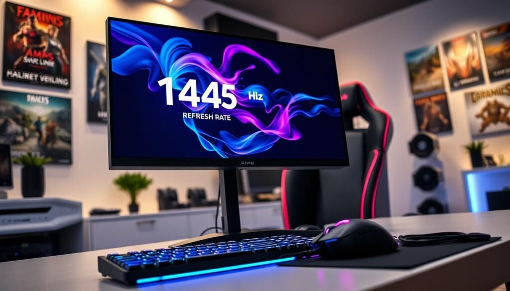 A sleek, high-end gaming monitor displaying a vivid 144Hz refresh rate graphic on its screen, positioned prominently on a modern gaming desk. The foreground showcases the monitor's ultra-thin bezels and vibrant colors, contrasted by a high-performance gaming keyboard and mouse illuminated with RGB lighting. In the middle ground, a stylish gaming chair in ergonomic design faces the monitor, enhancing the gaming setup. The background subtly features a well-organized gaming room with soft ambient lighting and a few posters of popular games, creating a cozy atmosphere. The scene is captured with a low-angle perspective to emphasize the monitor’s imposing presence, and the lighting accentuates the sleek lines of the equipment, conveying a dynamic and immersive gaming experience.