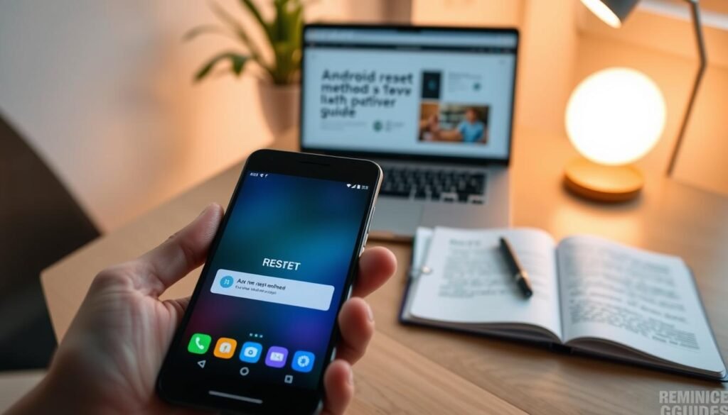 A sleek modern workspace featuring a close-up of a hand holding an Android smartphone with a visible reset button on the screen. In the foreground, the focus is on the phone, displaying colorful interface icons for recovery options, with the refresh symbol highlighted. The middle layer shows a notebook with handwritten notes on Android reset methods and a laptop with a digital guide open. In the background, a softly lit room with a plant and minimalistic decor creates a calm atmosphere. The lighting is warm and inviting, with a slight depth of field blur to emphasize the smartphone and its details, reflecting a professional yet approachable mood.