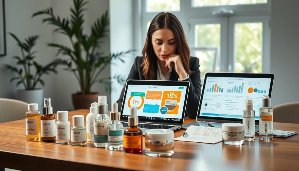 A stylish workspace featuring a professional-looking woman in business attire, thoughtfully analyzing skincare products on a sleek wooden table. In the foreground, an assortment of beautifully packaged skincare items including serums, creams, and toners, each labeled with elegant designs. The middle ground reveals a modern laptop displaying a colorful sales strategy presentation, surrounded by notes and charts outlining effective marketing strategies and demographic insights. In the background, a bright window allows natural light to flood the room, showcasing plants for a fresh atmosphere. The overall mood is focused and inspiring, emphasizing professionalism and a strategic approach to skincare sales, captured with soft lighting and a warm color palette for a welcoming yet serious ambiance.