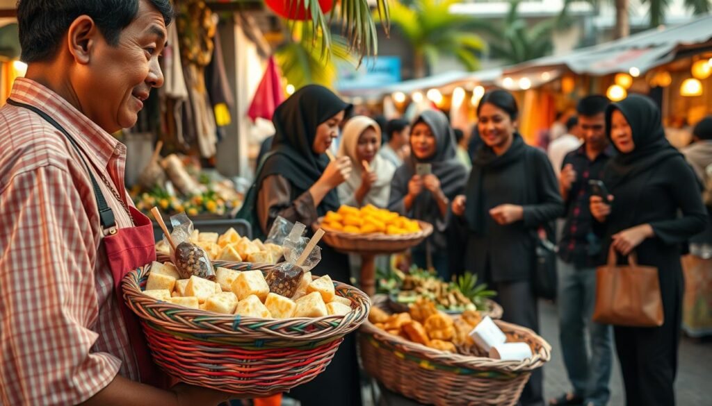 A vibrant Indonesian street food market scene showcasing a variety of traditional snacks. In the foreground, a local vendor displays colorful woven baskets filled with popular street treats, such as kue lapis, risoles, and klepon. In the middle ground, diverse people, dressed in modest casual clothing, engage in friendly conversations while enjoying their snacks. The background features a bustling market atmosphere with stalls adorned in bright fabrics and tropical greenery, creating a lively setting. Soft golden lighting highlights the textures of the food and the joy of people sharing their culinary experiences. Capture a warm and inviting mood, reflecting the rich heritage and communal spirit of enjoying traditional Indonesian delicacies. A vibrant Indonesian street food market scene showcasing a variety of traditional snacks. In the foreground, a local vendor displays colorful woven baskets filled with popular street treats, such as kue lapis, risoles, and klepon. In the middle ground, diverse people, dressed in modest casual clothing, engage in friendly conversations while enjoying their snacks. The background features a bustling market atmosphere with stalls adorned in bright fabrics and tropical greenery, creating a lively setting. Soft golden lighting highlights the textures of the food and the joy of people sharing their culinary experiences. Capture a warm and inviting mood, reflecting the rich heritage and communal spirit of enjoying traditional Indonesian delicacies.