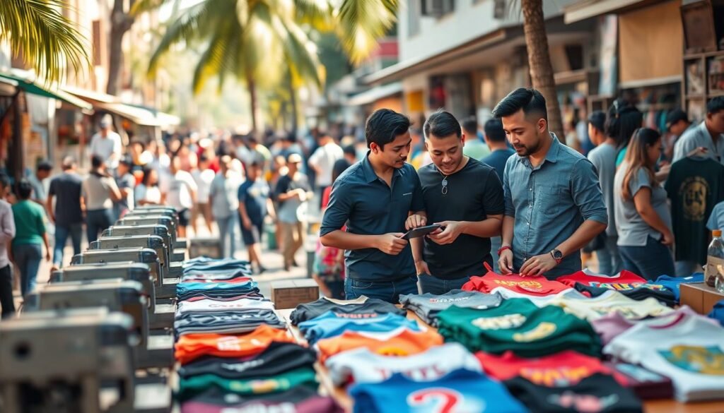 A vibrant and engaging marketplace scene showcasing the potential of the local t-shirt printing business in Indonesia. In the foreground, a diverse group of entrepreneurs, dressed in professional casual attire, discusses designs while examining a range of colorful printed t-shirts displayed on wooden tables. The middle ground features various printing machines and materials, emphasizing the craftsmanship and creativity involved. In the background, a bustling street market filled with customers browsing and interacting with vendors under soft, warm sunlight. The atmosphere is lively and optimistic, with shadows cast by nearby palm trees adding to the tropical feel. The image is captured with a shallow depth of field, focusing on the entrepreneurs while softly blurring the background to provide depth and context. A vibrant and engaging marketplace scene showcasing the potential of the local t-shirt printing business in Indonesia. In the foreground, a diverse group of entrepreneurs, dressed in professional casual attire, discusses designs while examining a range of colorful printed t-shirts displayed on wooden tables. The middle ground features various printing machines and materials, emphasizing the craftsmanship and creativity involved. In the background, a bustling street market filled with customers browsing and interacting with vendors under soft, warm sunlight. The atmosphere is lively and optimistic, with shadows cast by nearby palm trees adding to the tropical feel. The image is captured with a shallow depth of field, focusing on the entrepreneurs while softly blurring the background to provide depth and context.