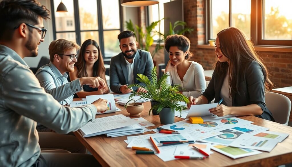 A vibrant, creative workspace filled with young entrepreneurs brainstorming innovative business ideas. In the foreground, a diverse group of three young adults, dressed in smart casual clothing, are gathered around a wooden table cluttered with colorful sketches and business plans. One is pointing at a chart, while another is jotting down notes excitedly. In the middle, a bright green plant adds a touch of nature, symbolizing growth. The background features large windows letting in warm, soft sunlight, illuminating the modern workspace with soft shadows. The atmosphere is energetic and collaborative, reflecting optimism and creativity. The scene captures the essence of affordable small business ideas, evoking a sense of possibility and inspiration. A vibrant, creative workspace filled with young entrepreneurs brainstorming innovative business ideas. In the foreground, a diverse group of three young adults, dressed in smart casual clothing, are gathered around a wooden table cluttered with colorful sketches and business plans. One is pointing at a chart, while another is jotting down notes excitedly. In the middle, a bright green plant adds a touch of nature, symbolizing growth. The background features large windows letting in warm, soft sunlight, illuminating the modern workspace with soft shadows. The atmosphere is energetic and collaborative, reflecting optimism and creativity. The scene captures the essence of affordable small business ideas, evoking a sense of possibility and inspiration.
