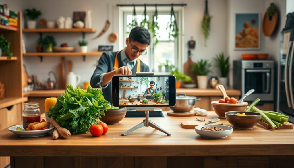 A vibrant kitchen scene showcasing trendy TikTok food tips and tricks. In the foreground, a stylish wooden kitchen island is adorned with colorful ingredients like fresh vegetables, sauces, and trendy cookware. A person, dressed in a smart casual outfit, expertly prepares a viral dish, demonstrating techniques with a visually appealing presentation. In the middle ground, there are neatly arranged bowls and utensils, with a smartphone on a stand recording the cooking process. The background features a well-lit, modern kitchen with hanging herbs and artful decor. Natural light streams in through a window, creating a warm and inviting atmosphere. The overall mood is energetic and creative, perfect for inspiring at-home chefs to recreate popular viral dishes. A vibrant kitchen scene showcasing trendy TikTok food tips and tricks. In the foreground, a stylish wooden kitchen island is adorned with colorful ingredients like fresh vegetables, sauces, and trendy cookware. A person, dressed in a smart casual outfit, expertly prepares a viral dish, demonstrating techniques with a visually appealing presentation. In the middle ground, there are neatly arranged bowls and utensils, with a smartphone on a stand recording the cooking process. The background features a well-lit, modern kitchen with hanging herbs and artful decor. Natural light streams in through a window, creating a warm and inviting atmosphere. The overall mood is energetic and creative, perfect for inspiring at-home chefs to recreate popular viral dishes.
