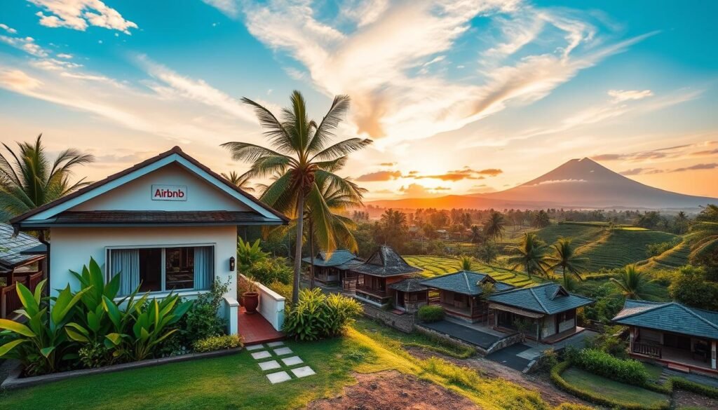 A vibrant scene depicting the challenges faced by the hospitality industry in Bali due to the rise of online lodging platforms like Airbnb. In the foreground, a modern, well-appointed Airbnb-style accommodation stands invitingly, with lush tropical plants surrounding it. The middle ground features a contrast of empty traditional Balinese guesthouses, hinting at the decline in tourism. The background presents an iconic Balinese landscape, featuring rice terraces and a distant volcano under a sunset sky, casting warm, inviting light over the scene. The atmosphere conveys a sense of both opportunity and concern for the future of Bali's tourism. The composition captures the clash between modernity and tradition, inviting viewers to reflect on the evolving landscape of hospitality in Bali. A vibrant scene depicting the challenges faced by the hospitality industry in Bali due to the rise of online lodging platforms like Airbnb. In the foreground, a modern, well-appointed Airbnb-style accommodation stands invitingly, with lush tropical plants surrounding it. The middle ground features a contrast of empty traditional Balinese guesthouses, hinting at the decline in tourism. The background presents an iconic Balinese landscape, featuring rice terraces and a distant volcano under a sunset sky, casting warm, inviting light over the scene. The atmosphere conveys a sense of both opportunity and concern for the future of Bali's tourism. The composition captures the clash between modernity and tradition, inviting viewers to reflect on the evolving landscape of hospitality in Bali.