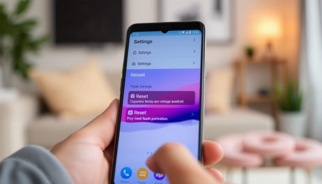 A visually engaging illustration of the Android settings menu, specifically showcasing the "Reset" option. In the foreground, a close-up view of a modern Android smartphone displaying the settings interface with a prominent "Reset" option highlighted. The screen is vibrant and colorful, with clear icons representing different settings. In the middle ground, a blurred hand gently touches the screen, indicating interaction, wearing casual clothing. The background features a soft, ambient home setting with a subtle bokeh effect, creating a cozy atmosphere. Soft, diffused lighting emphasizes the phone’s screen, creating a warm, inviting mood. The composition focuses on clarity and simplicity, ensuring the viewer understands the action of resetting an Android device through the settings menu.