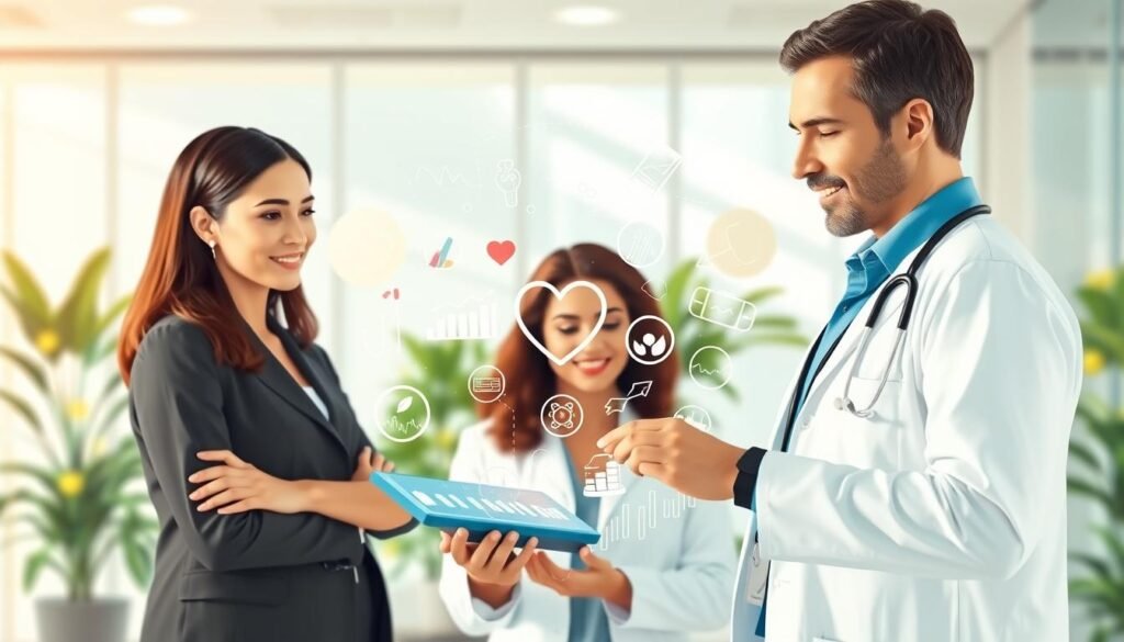A visually engaging illustration representing the World Health Organization's priority programs for communicable and non-communicable diseases. In the foreground, depict a diverse group of healthcare professionals—two women and a man—wearing professional business attire, engaged in a focused discussion over a digital tablet displaying health data. The middle ground features various symbols representing health initiatives, such as a stethoscope, a heart symbol, and graphs, creatively intertwined to convey the complexity of health issues. In the background, a softly lit, modern healthcare setting, with elements like a glass wall and greenery, creates a fresh and optimistic atmosphere. Use natural lighting for a warm, inviting feel, shot with a slight angle to emphasize teamwork and collaboration in health initiatives. A visually engaging illustration representing the World Health Organization's priority programs for communicable and non-communicable diseases. In the foreground, depict a diverse group of healthcare professionals—two women and a man—wearing professional business attire, engaged in a focused discussion over a digital tablet displaying health data. The middle ground features various symbols representing health initiatives, such as a stethoscope, a heart symbol, and graphs, creatively intertwined to convey the complexity of health issues. In the background, a softly lit, modern healthcare setting, with elements like a glass wall and greenery, creates a fresh and optimistic atmosphere. Use natural lighting for a warm, inviting feel, shot with a slight angle to emphasize teamwork and collaboration in health initiatives.